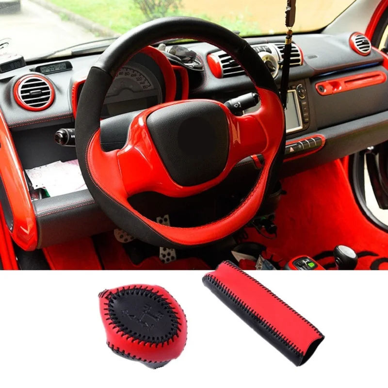 

3pcs Genuine Leather Car Steering Wheel Cover Handbrake Grip Gear Shift Collar Set for Benz Smart forTwo 2009 - 2014 Hand Sewing