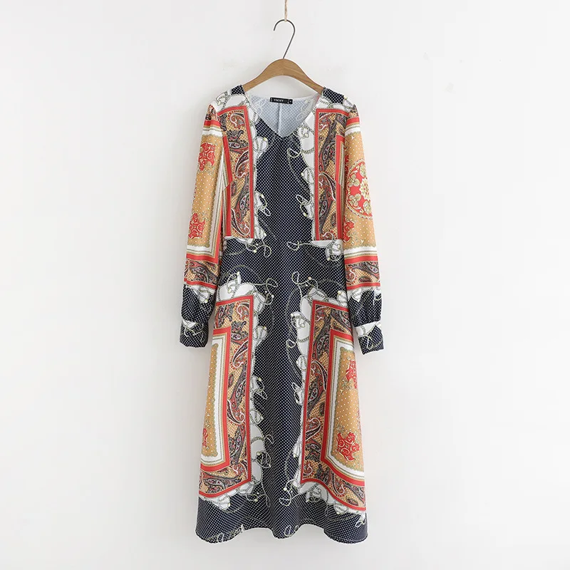 

QZ188 New Spring Vintage V Neck Geometric Chain Print Long Sleeve Dress Women Retro Match All Vestidos