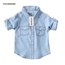 Детский модный костюм унисекс для маленьких мальчиков и девочек Джинсовая рубашка с короткими/длинными рукавами верхняя одежда