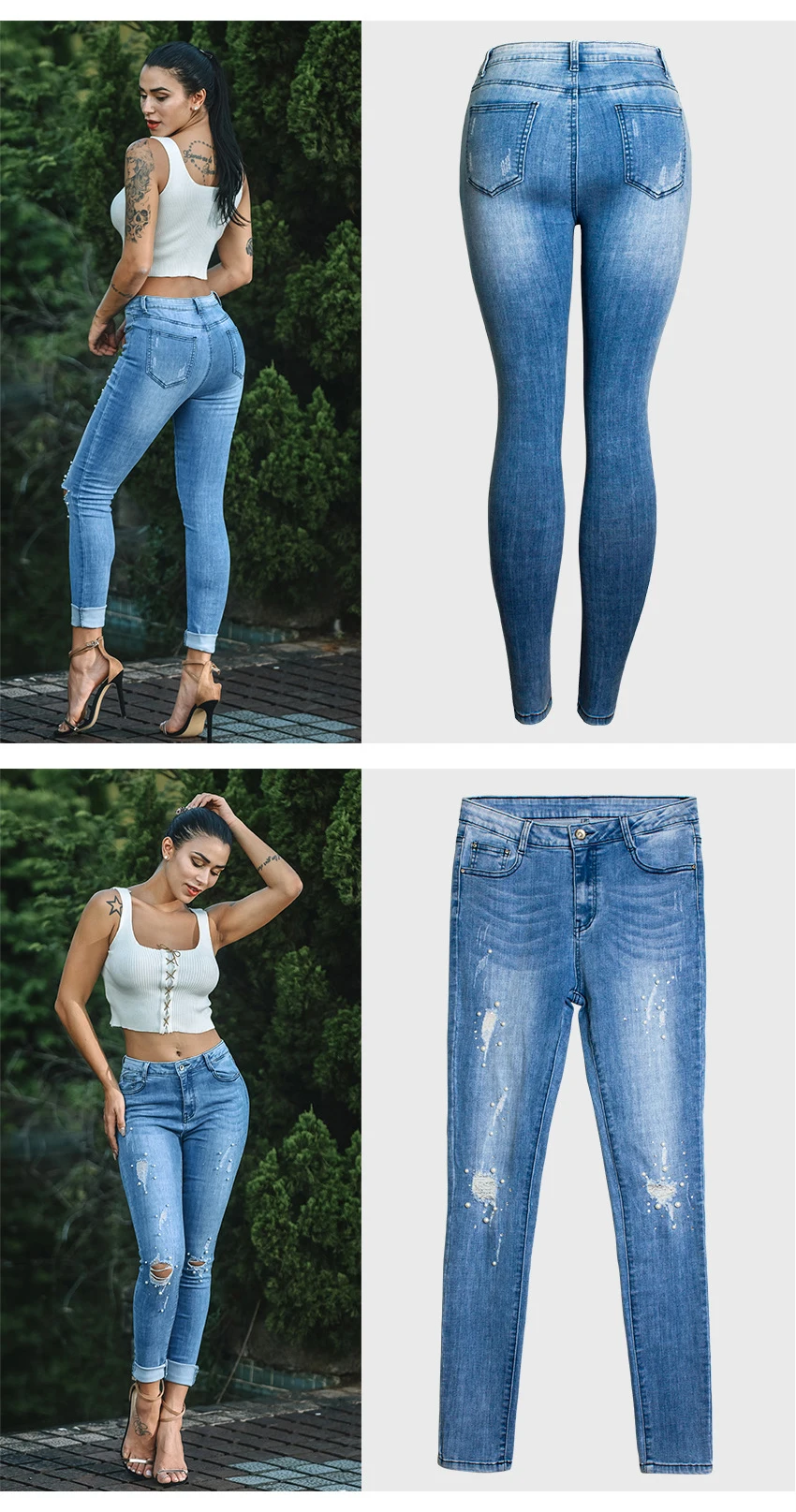 European and American women's wear high-waisted stretch pearl inlays irregularly worn holes wash cat whisker denim trousers (4)