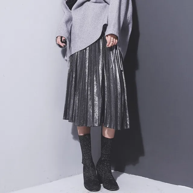 Women Metallic Silver Skirt Midi Skirt High Waist Metallic Pleated Skirt Party Clubwear for Ladies