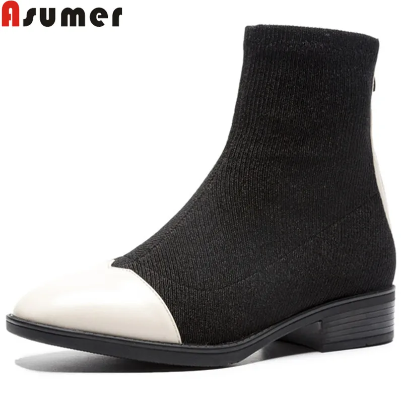 

ASUMER 2019 fashion autumn winter boots women round toe low heel stretch fabric+cow leather boots casual ankle boots women