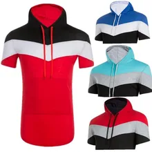 New Men's Hipster Hip Hop Short Sleeve Hoodie 3-color stitching T shirt Men short sleeve Hoodies design long hoodies Size M-3XL sky blue self tied design color stitching t shirt