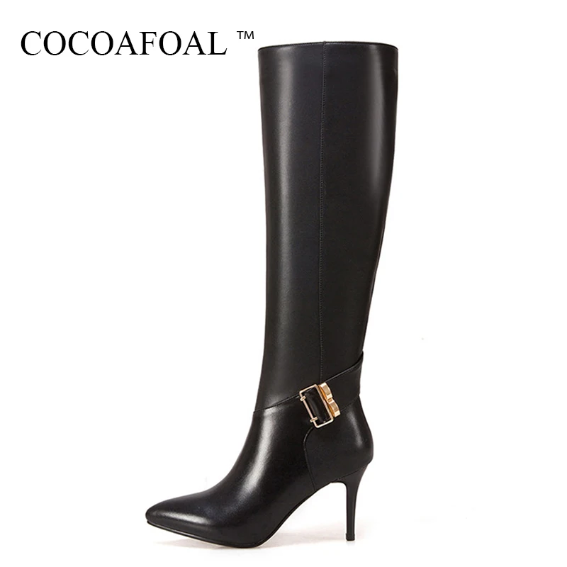 

COCOAFOAL Women Black Genuine Leather Knee High Boots Winter High Heeled Shoes Plus Size 33 Sexy Chelsea Knee High Boots Boots