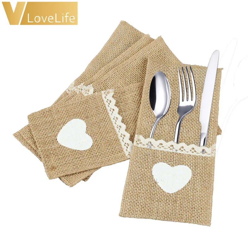 

50Pcs/lot Vintage 4"x8" Hessian Burlap Heart Wedding Tableware Pouch Cutlery Holder Decorations Favor Supplies