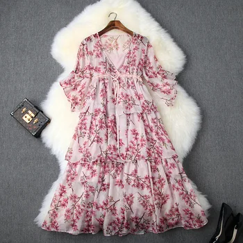 

Floral Dress Summer Woman 2019 New V-Neck Flare Sleeves Slim Pink Cake Dress Chiffon Over The Knees S-XL