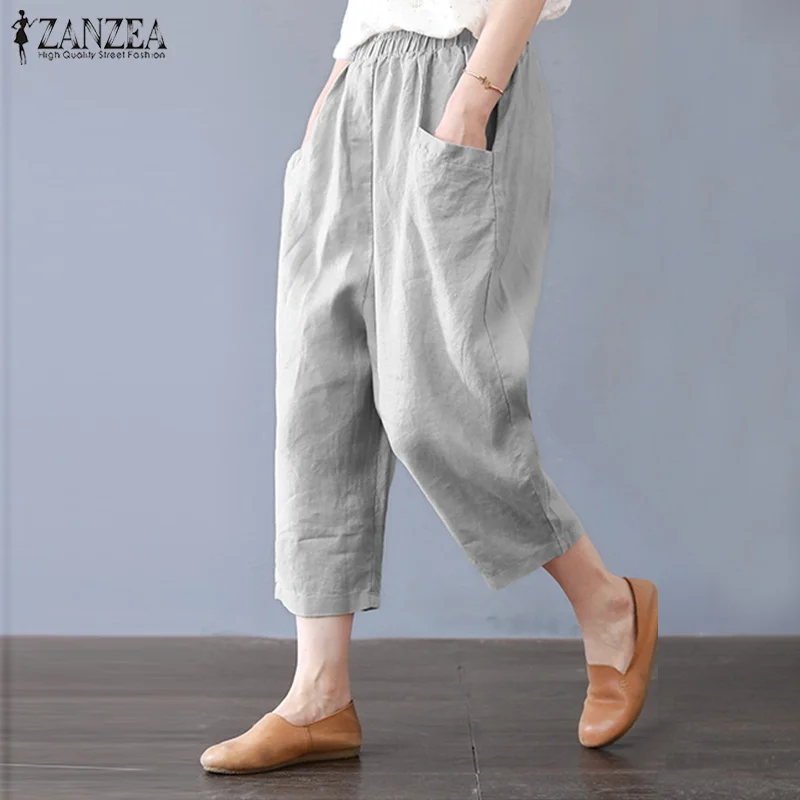 Летние ZANZEA, женские штаны-шаровары с эластичным поясом и карманами, хлопковые льняные свободные повседневные брюки, рабочие OL Pantalon размера плюс