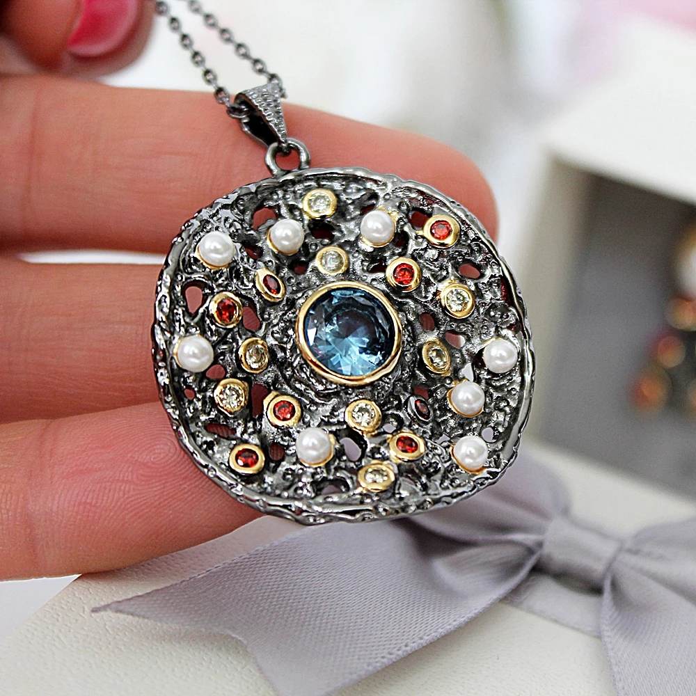 DreamCarnival 1989 Hot Gothic Jewelry Black Gold Color Pendant Chain Necklace Women Mixed Cubic Zircon Synthetic Pearl WP6532