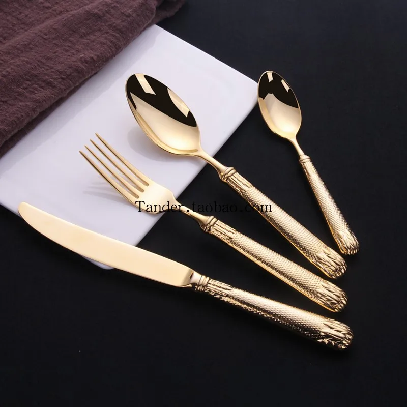 Роскошная золотая посуда 304, нож для стейка из нержавеющей стали, вилка, ложка, набор из 4 предметов, домашняя Европейская кухня, Золотая столовая посуда F6K