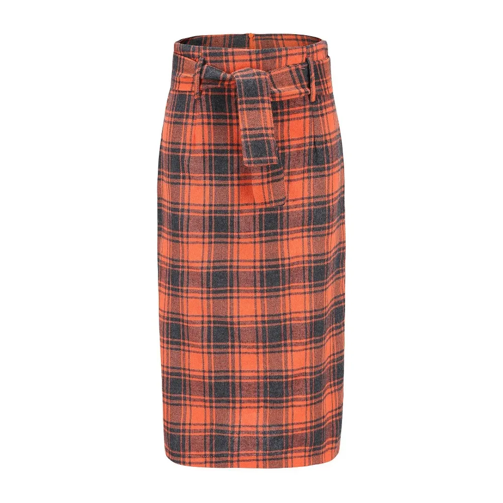 

women summer 2019 orange checkered high waist skirt plus size streetwear fashion knee length plaid skirt jupe taille haute 81835