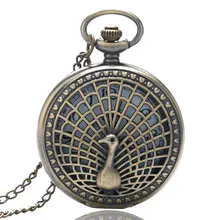 Модный Полый Бронзовый дизайн павлина бронзовый корпус кварцевый кармашек для часов часы с цепочкой для ожерелья подходит для женщин, девушек и девочек. Подарок