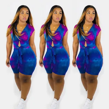 

Tie Dye Print Two Piece Set Casual Summer Sexy Club Outfits Women Tracksuit Crop Top Bodycon Shorts 2 Piece Club Outfit
