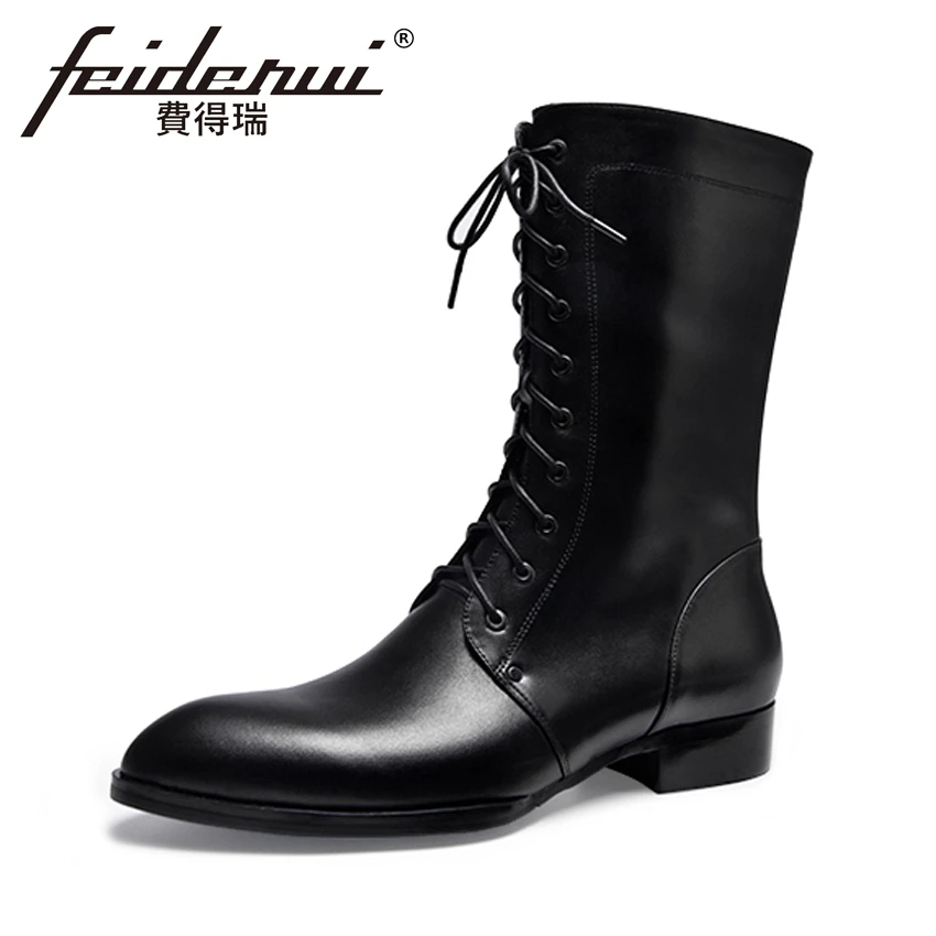 New Arrival Genuine Leather Men's High Top Motorcycle Boots Round Toe Lace up Mid Calf Handmade