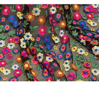 

heavy embroidered lace fabric, black lace fabric with multi color florals colorful flowers by the yard