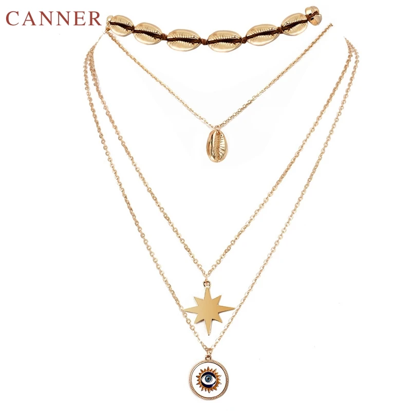 Gold Chains Multi Layered Necklace Women Metal Sea Shell Choker Necklaces Star Evil Eye Pendant Long Necklace Jewelry collier C4