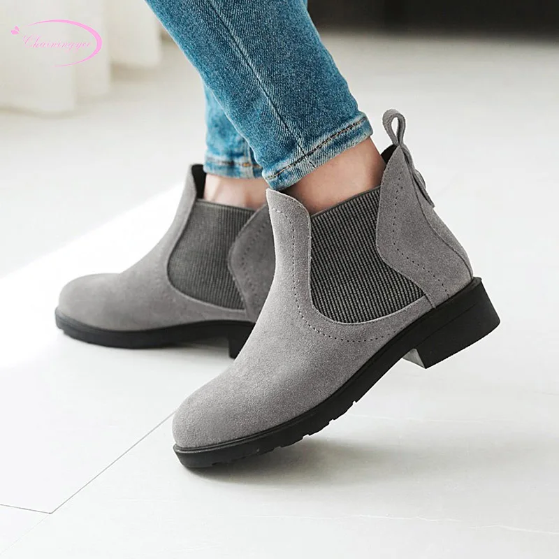 

European street style natural leather cow suede ankle boots fashion stretch gray black med with thick riding boots women's shoes