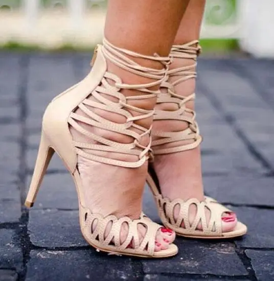 Cut Out Straps Peep Toe Ankle Lace Up Stiletto High Heel Sandals