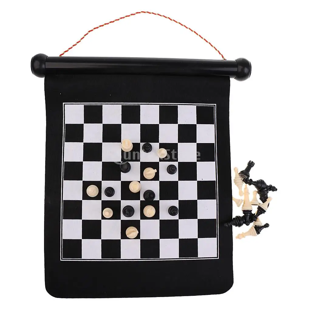 

2n1 Portable Roll Up Chess Set Magnetic Dart Board Wall Hanging 35.5x27.5cm