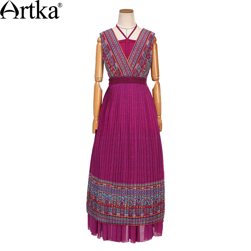 Женское шифоновое платье без рукавов ARTKA, темно-розовое платье в этническом стиле с завышенной талией и драпированным подолом, из двух частей, с принтом, LA14550X, на лето