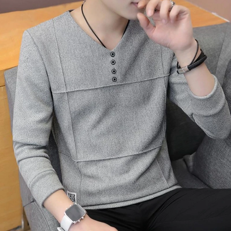 2019 Spring New V Neck fashion T Shirt Men Long Sleeve T-shirts Vintage Slim Fit Casual Streetwear maleclothes Plus Size 3XL