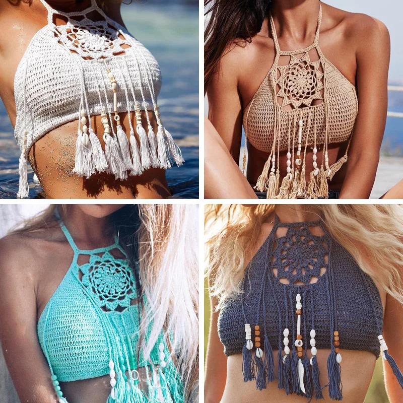 

2019 Tassel Crochet Knitted Halter Slim Bikini Tops Swimsuit Tops Bohemia Swimwear Sexy Handmade Crochet Bikini Cotton Cover Top