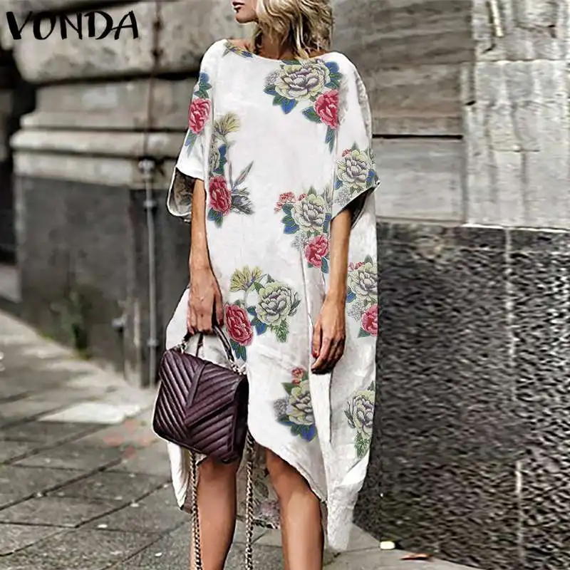

Women Vintage Floral Print Dress 2019 VONDA Summer Casual Loose Batwing Sleeve Maternity Dresses Asymmetrical Hem Vestidos Femme