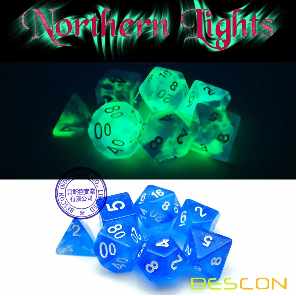Bescon Super Glow in the Dark Nebula Glitter Polyhedral Dice Set NORTHERN LIGHT, Luminous RPG Dice Set, Glowing Novelty DND Dice 3