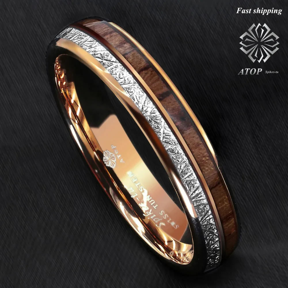 6mm Rose Gold Dome Tungsten Ring Silver Koa Wood Inlay Bridal ATOP Men Jewelry