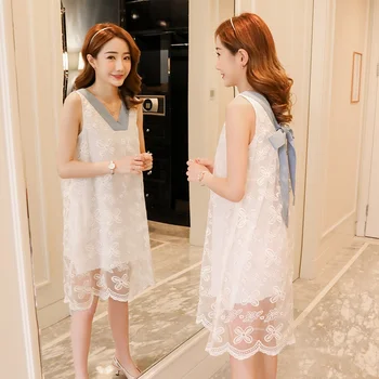 

Korean version of the V-neck back bow back mesh mesh pregnant women dress loose sleeveless a word doll skirt pregnancy skirt