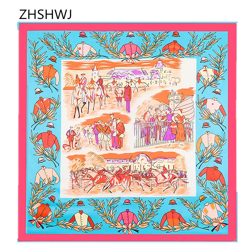 [Zhshwj] شحن مجاني 130 سنتيمتر * 130 سنتيمتر حك الحرير وشاح سباق الخيل شال وشاح باندانا وشاح المرأة الكبيرة الفاخرة الملكي وشاح