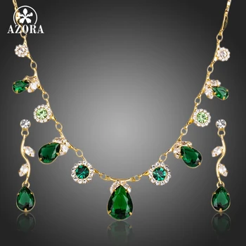 

AZORA Gold Color Green Cubic Zirconia Tear Drop Pendant Necklace and Earrings Jewelry Sets TG0147