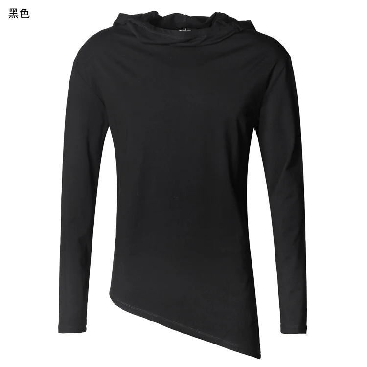 Men Autumn New European Style High Collar Long Sleeve Hooded T-shirt with Cap Men Slim Casual Cotton Irregular T-shirt T908 HTB1TIhvKeGSBuNjSspbq6AiipXaE - Men Autumn New European Style High Collar Long Sleeve Hooded T-shirt with Cap Men Slim Casual Cotton Irregular T-shirt T908