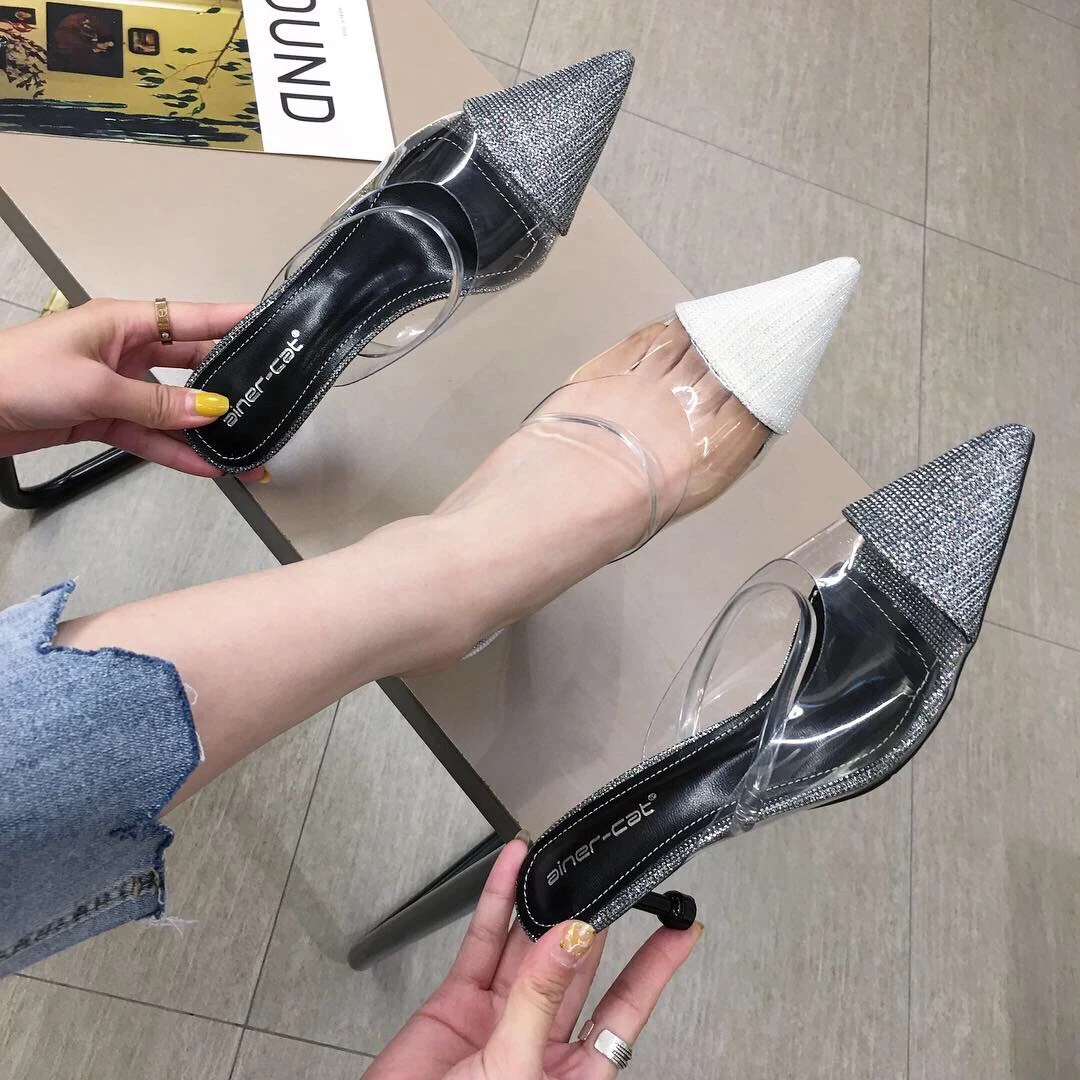 

Shoes Woman High Heels Slippers Mules 2019 Autumn Transparent Slip On Pointed Toe Thin Heels 6cm Sexy Ladies Dress Pumps Sliver