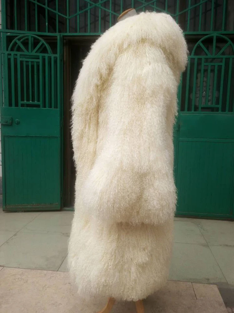 Men 100% Real Mongolia Sheep Fur Coat Lapel Hooded Long Jacket