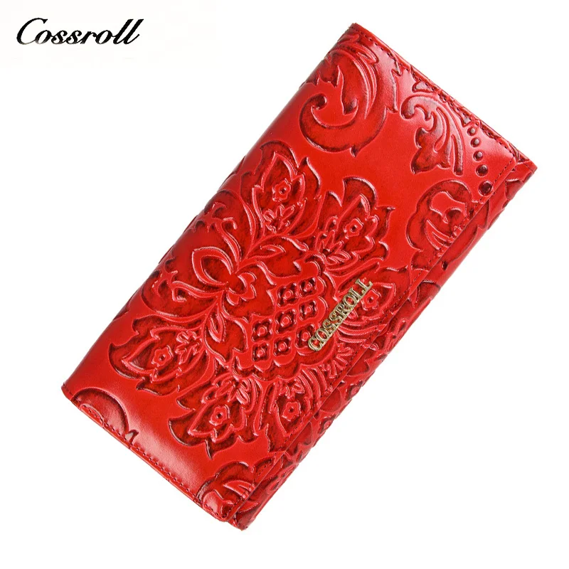 

cossroll Women Wallet 100% Genuine Cow Leather Ladies Purses Lady Coin Pocket Red Long Wallets Female Clutch Bag For Women Gift