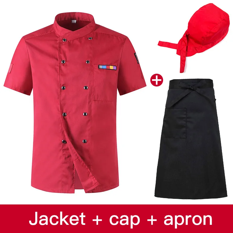 Унисекс форма шеф-повара хлебобулочные изделия обслуживание повара короткий рукав рубашка дышащий двубортный шеф-повара куртка одежда - Цвет: clothes hat apron