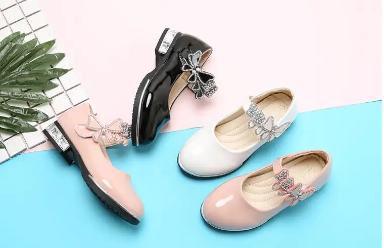 Детские туфли принцессы детские для девочек свадебные кожаные туфли на высоком каблуке модельные туфли с бантом обувь для девочек белый розовый