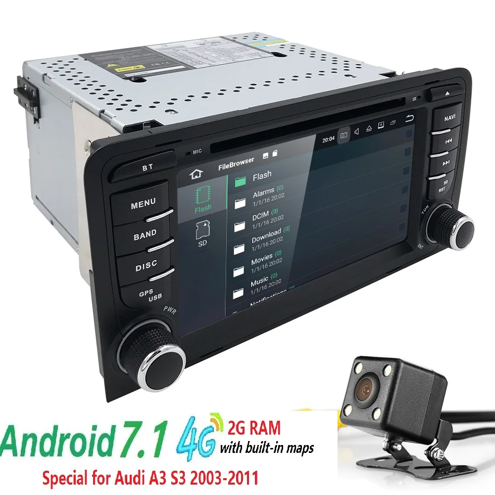 Top 7" Car Radio Android 7.1 GPS Head unit for Audi A3/S3 2003 2004 2005 2006 2007 2008 2009 2010 2011 Navigation 2 Din DAB+/4G/WIFI 4