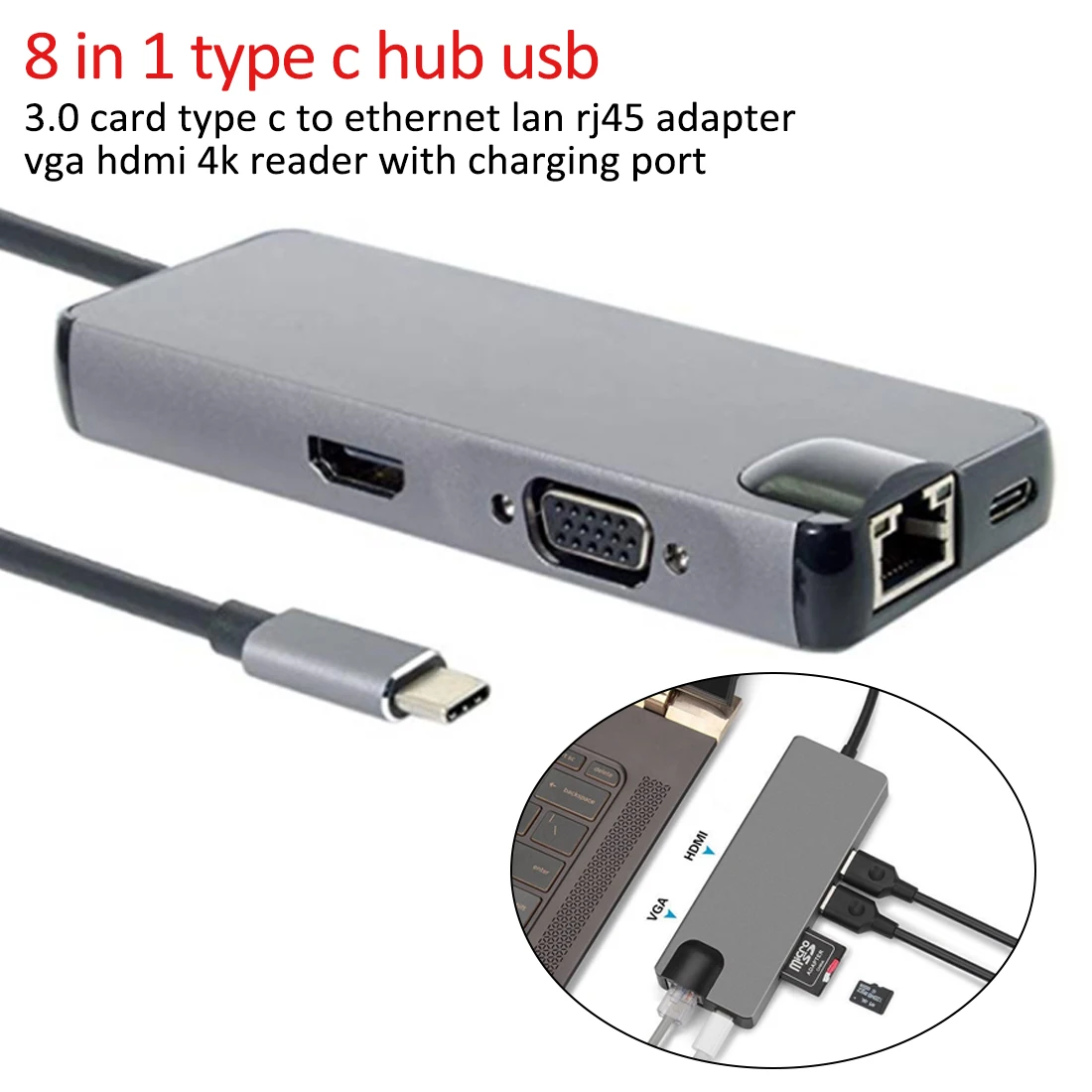 

Ethernet Lan RJ45 Adapter Reader with Charging port 8 In 1 Type C hub USB 3.0 Card Type C to HDMI 4K VGA