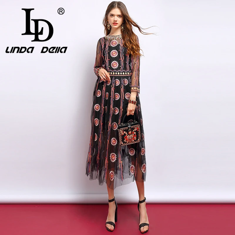 

LD LINDA DELLA Spring Fashion Runway Vintage Dress Women's Long Sleeve Gorgeous Mesh Embroidery Crystal Beading Elegant Dress