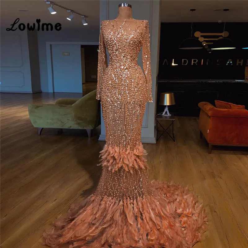 

2018 New Couture Feather Muslim Evening Dresses Arabic Mermaid Party Dress Robe De Soiree Turkish Abaya Dubai Women Prom Dresses
