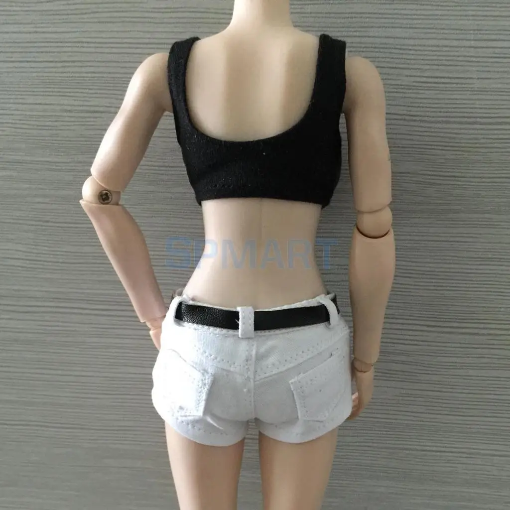 1/6 Scale Black Low-cut Vest Denim Jeans Shorts Belt Set Fit 12
