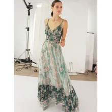 Sling deep V-neck bohemian printed dress