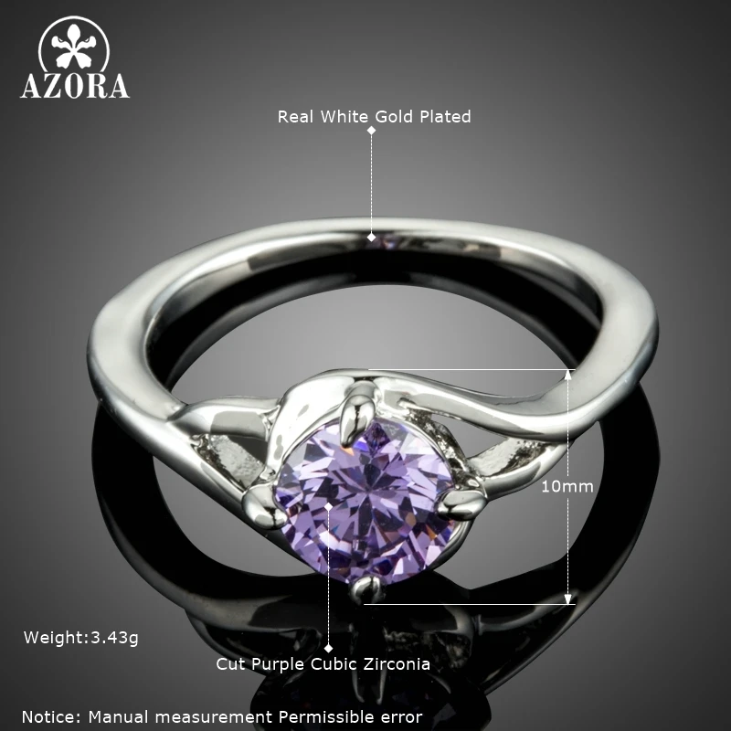 Бренд AZORA, роскошные кольца для женщин из белого золота, фиолетовые циркониевые кольца для помолвки, очаровательное кольцо, модное ювелирное изделие, подарки TR0214