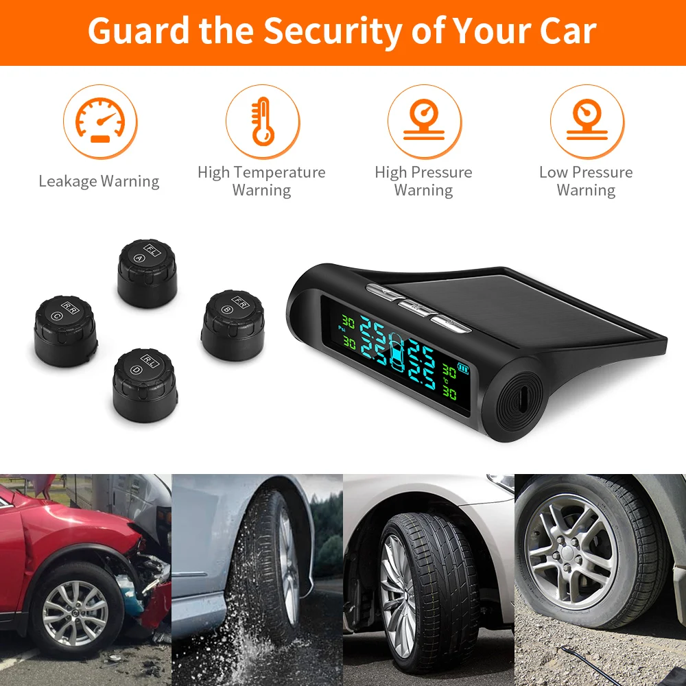 4 External Sensors Solar Wireless TPMS Car Tire Pressure LCD Monitoring System