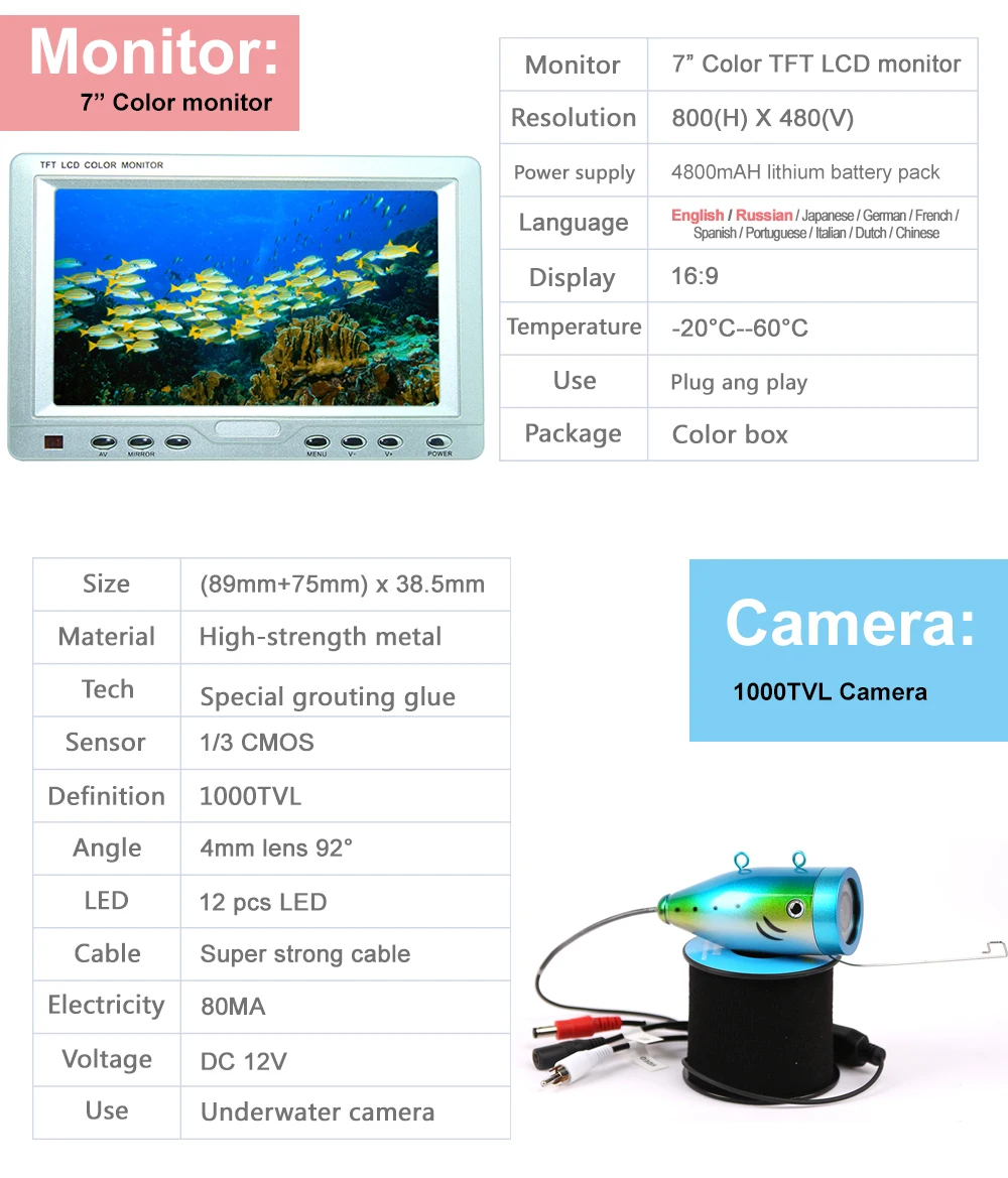 " lcd подводная видеокамера рыболокатор 1000TV линии 15 м версия время использования 8Hs CR110-7LS с светильник для разведения рыб