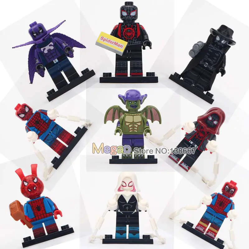 

50 pcs/lot Marvel Super Hero Spiderman Noir Miles Morales Gwen Stacy Prowler Figures Building Blocks Toys for Children