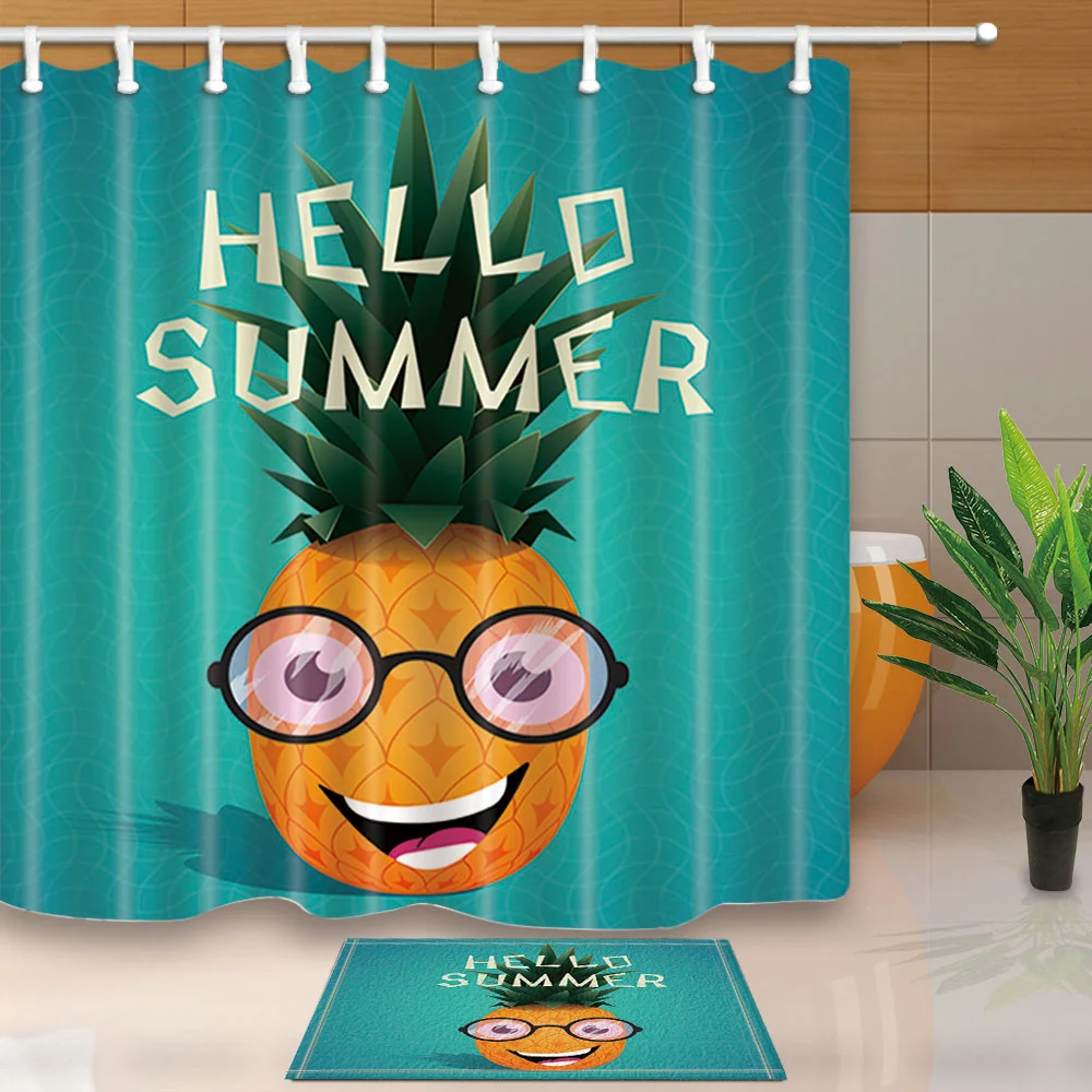 HELLO SUMMER Pineapple Funny Paintings Waterproof Shower Curtain