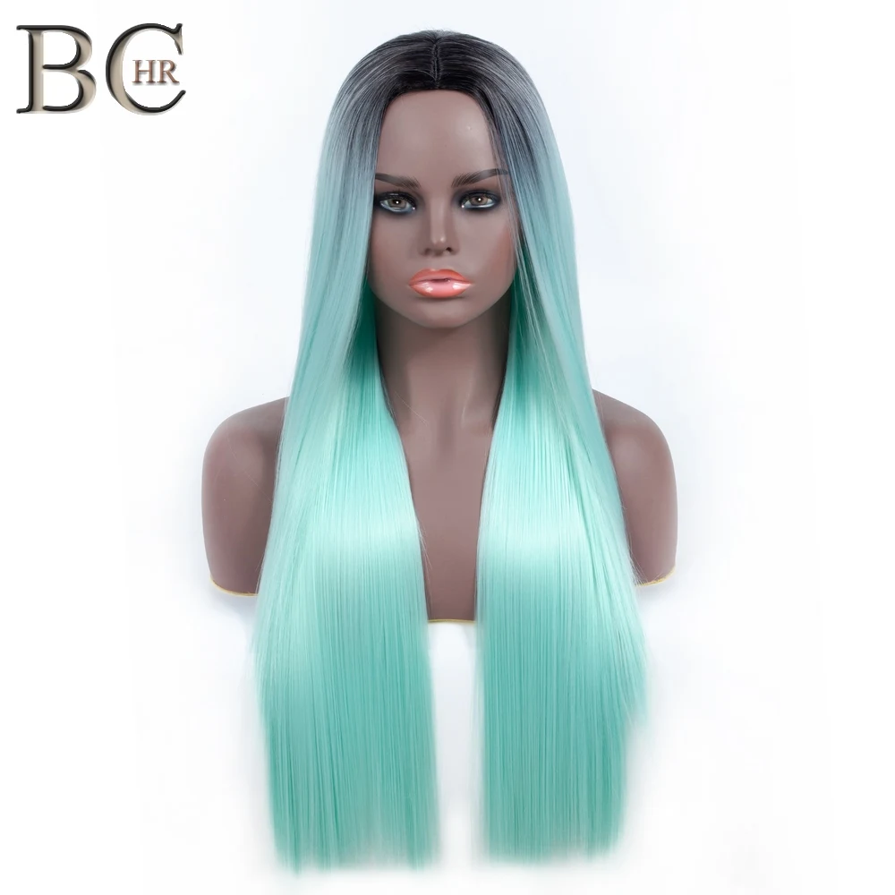 

BCHR Long Wig Dark Roots Straight Synthetic Cosplay Wigs Green Color Middle Parting Ombre Wig for Women