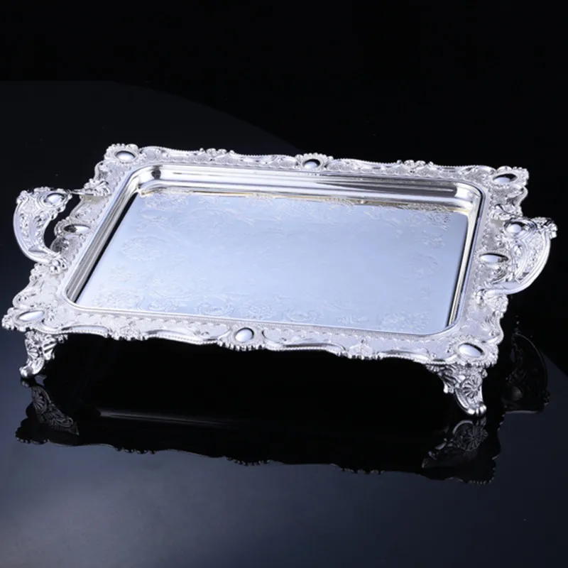 

37*26cm silve plate kitchen tray metal serving tray decorative cake stand with handle bandeja decorativa for cake disply FT020